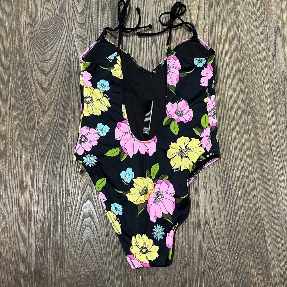 NWOT PINK Victoria's Secret One Piece Swimsuit Floral V-Neck Black Multi Medium - Picture 5 of 5